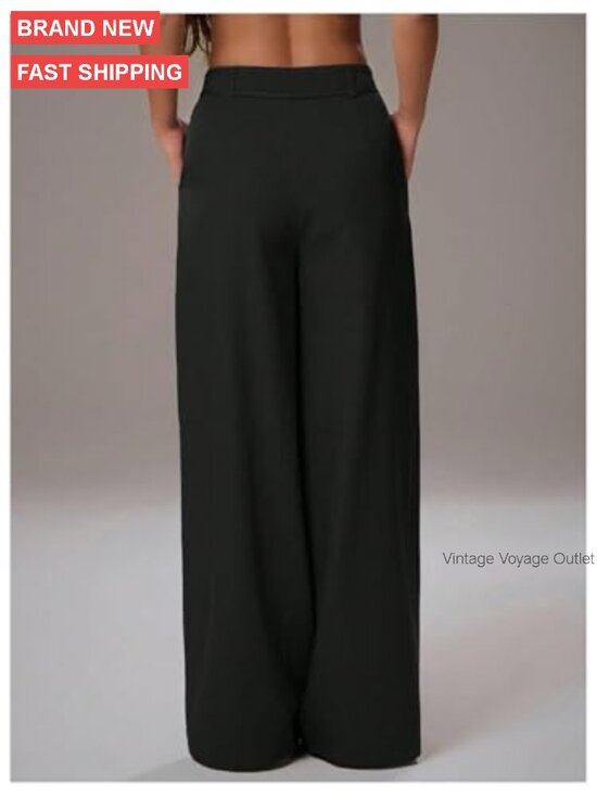 High Rise Wide Leg Trousers, Polyester Blend, Business Casual Office Pants - Picture 2 of 5